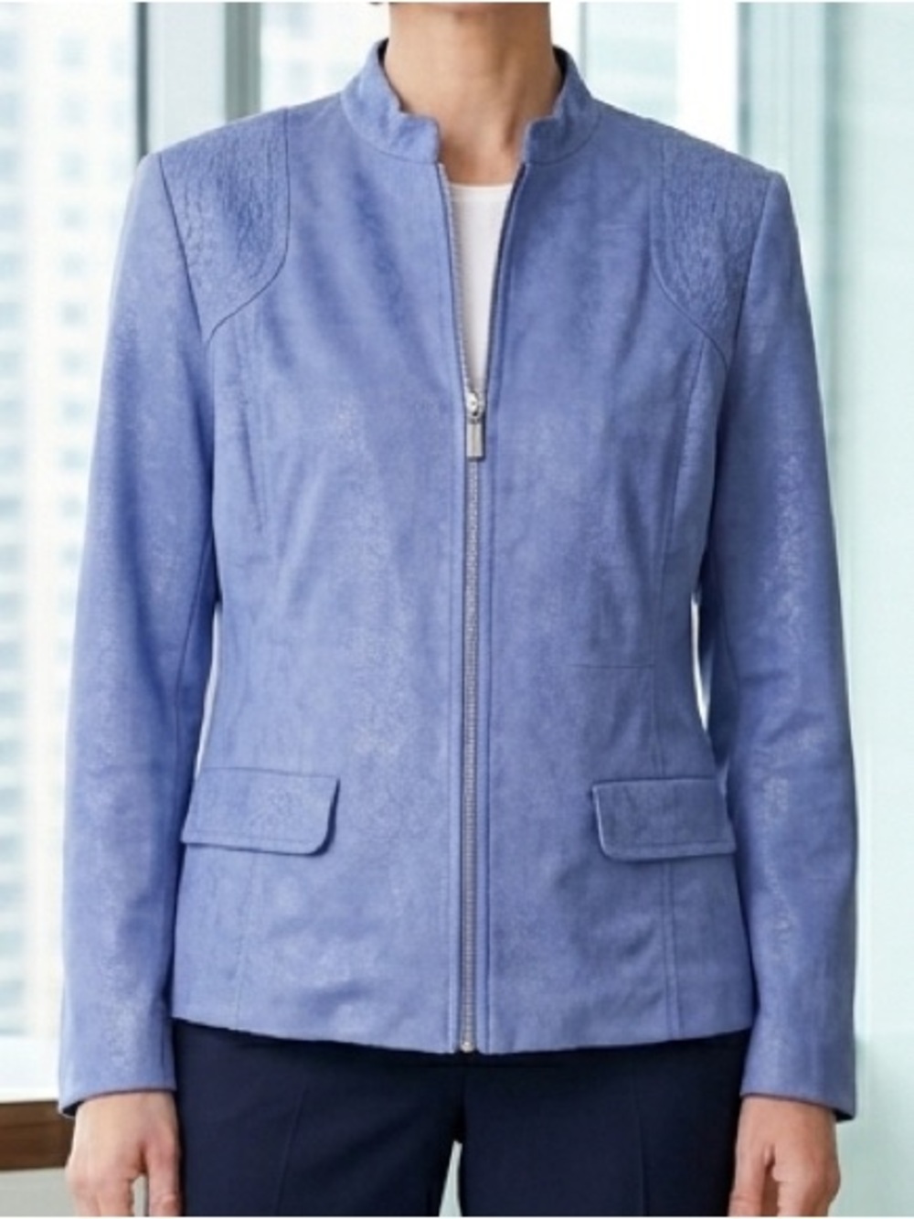 Alfred Dunner Blue Suede Feel Textured Zip Up Jacket Petite 12P Shimmer Coat EUC